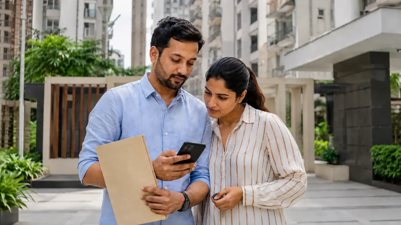 Representative image of a resident using a smartphone for tenant police verification in Noida