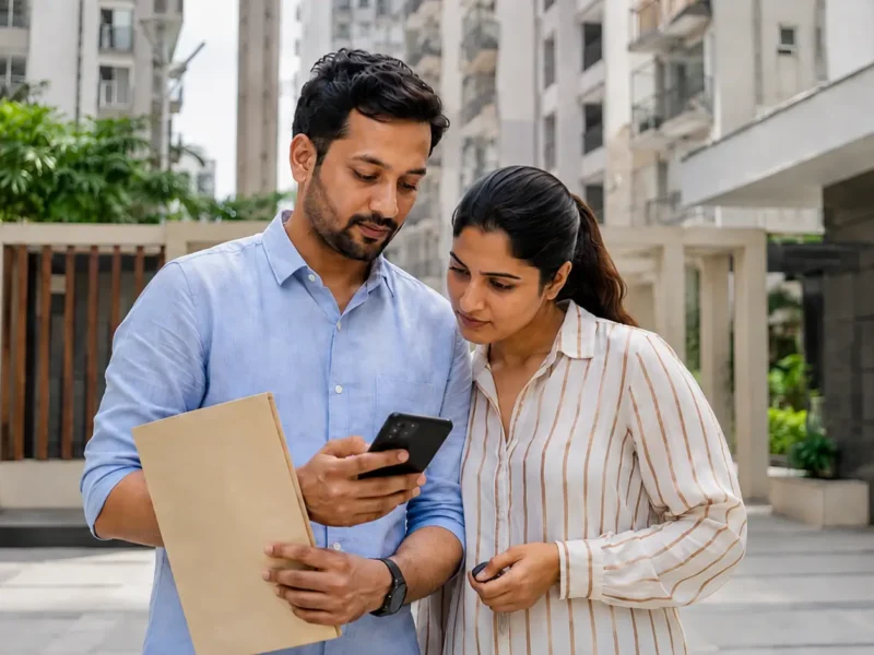Representative image of a resident using a smartphone for tenant police verification in Noida