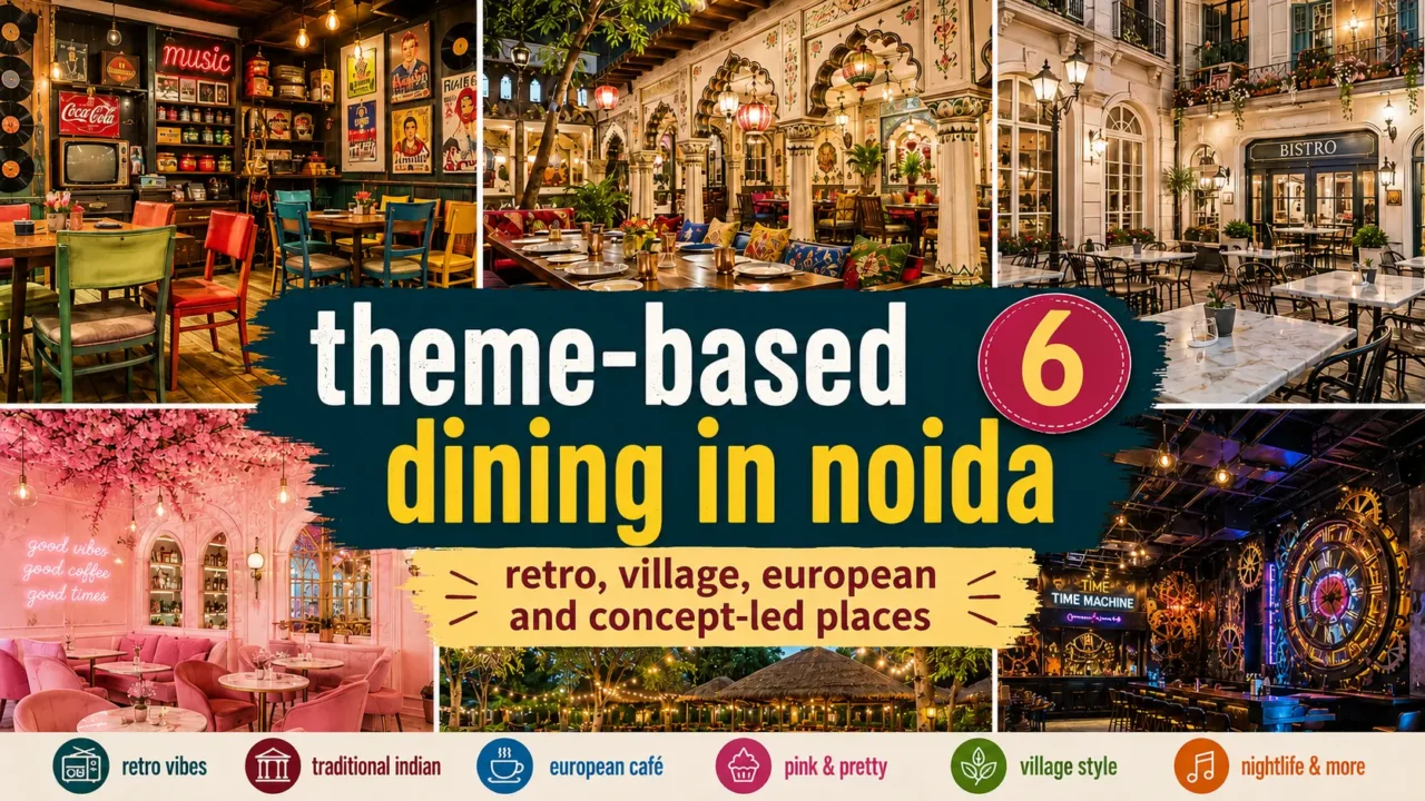 AI-generated collage showing six theme-based dining concepts in Noida, including retro, traditional Indian, European, pink café, village and nightlife settings