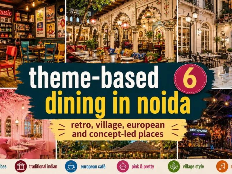 AI-generated collage showing six theme-based dining concepts in Noida, including retro, traditional Indian, European, pink café, village and nightlife settings