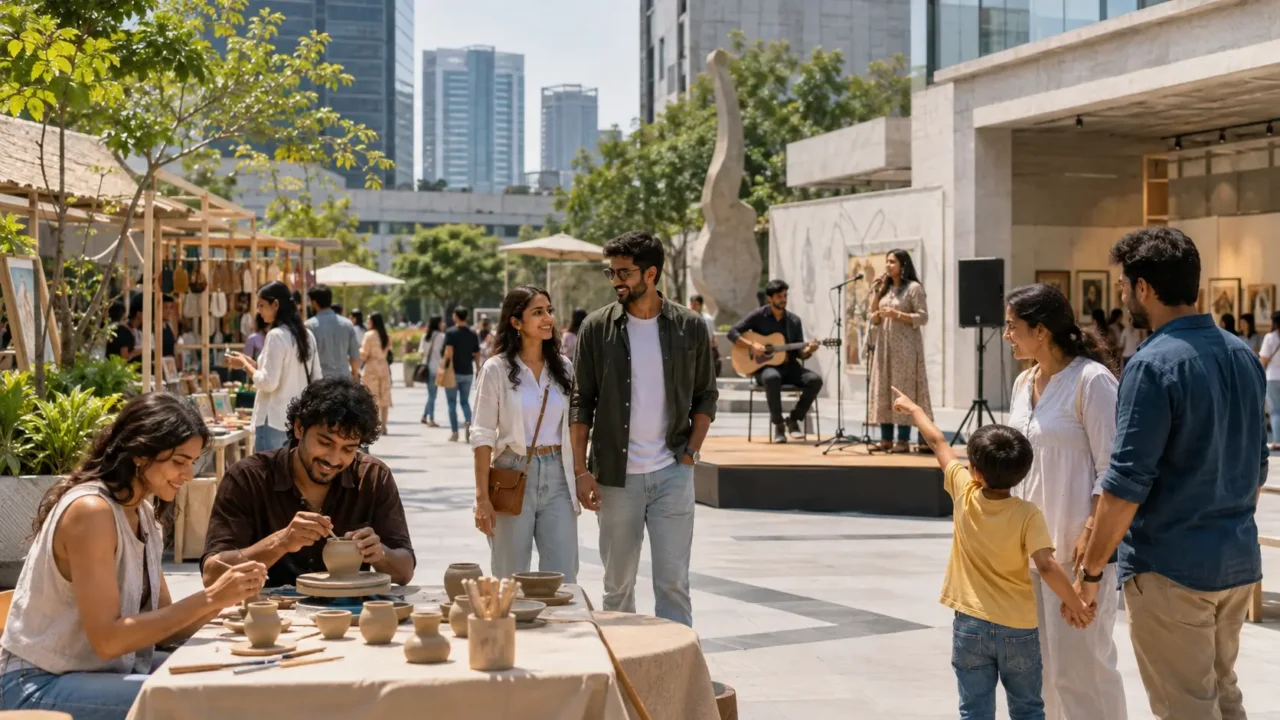 Representative Sunday leisure scene with pottery, live performance and family activities in Delhi NCR