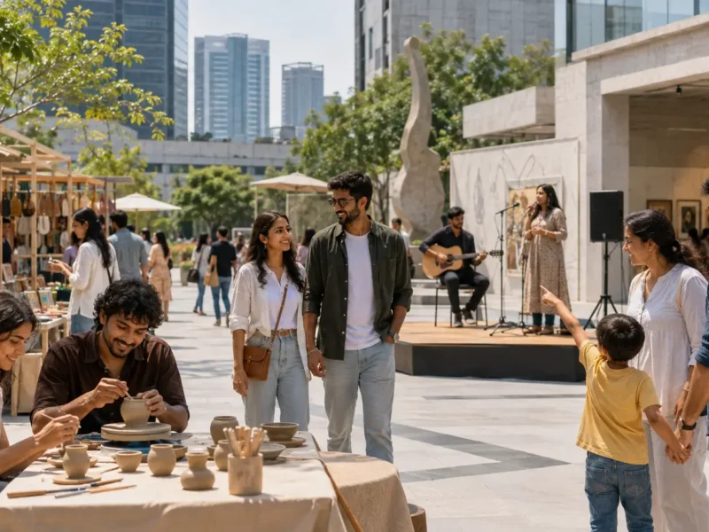 Representative Sunday leisure scene with pottery, live performance and family activities in Delhi NCR