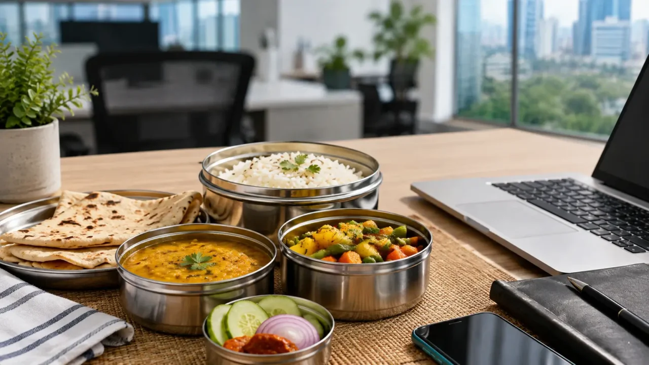 Home-cooked Indian tiffin with dal, sabzi, roti and rice on an office desk in Noida