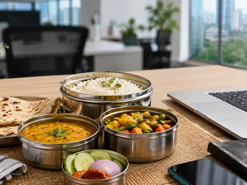 Home-cooked Indian tiffin with dal, sabzi, roti and rice on an office desk in Noida