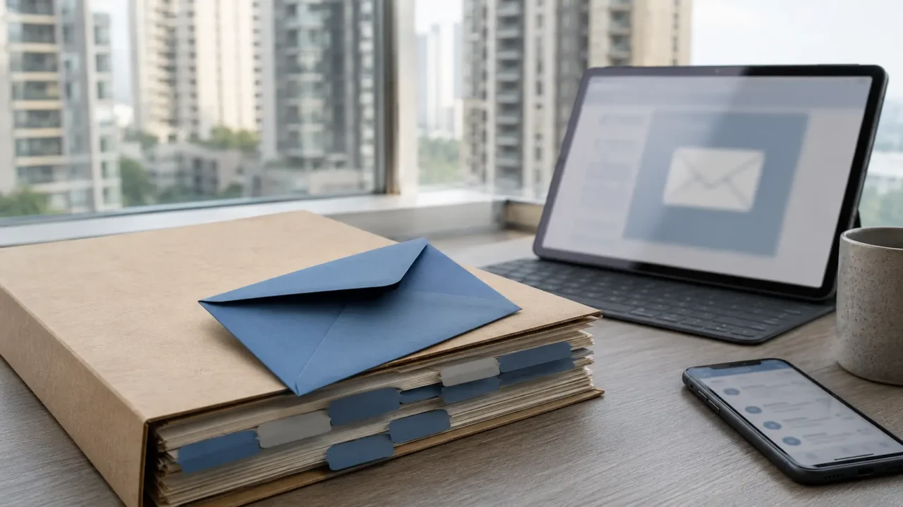 Property case file and email interface representing UP-RERA’s email-status facility for NCR homebuyers