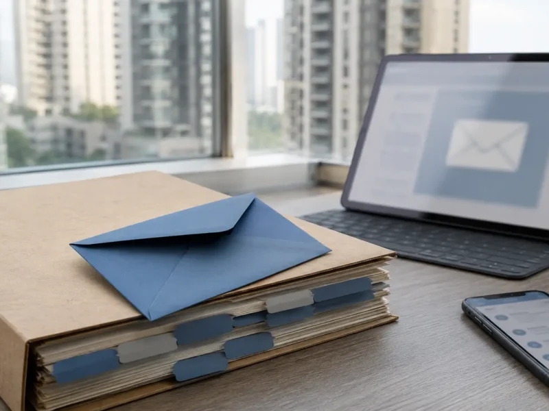 Property case file and email interface representing UP-RERA’s email-status facility for NCR homebuyers