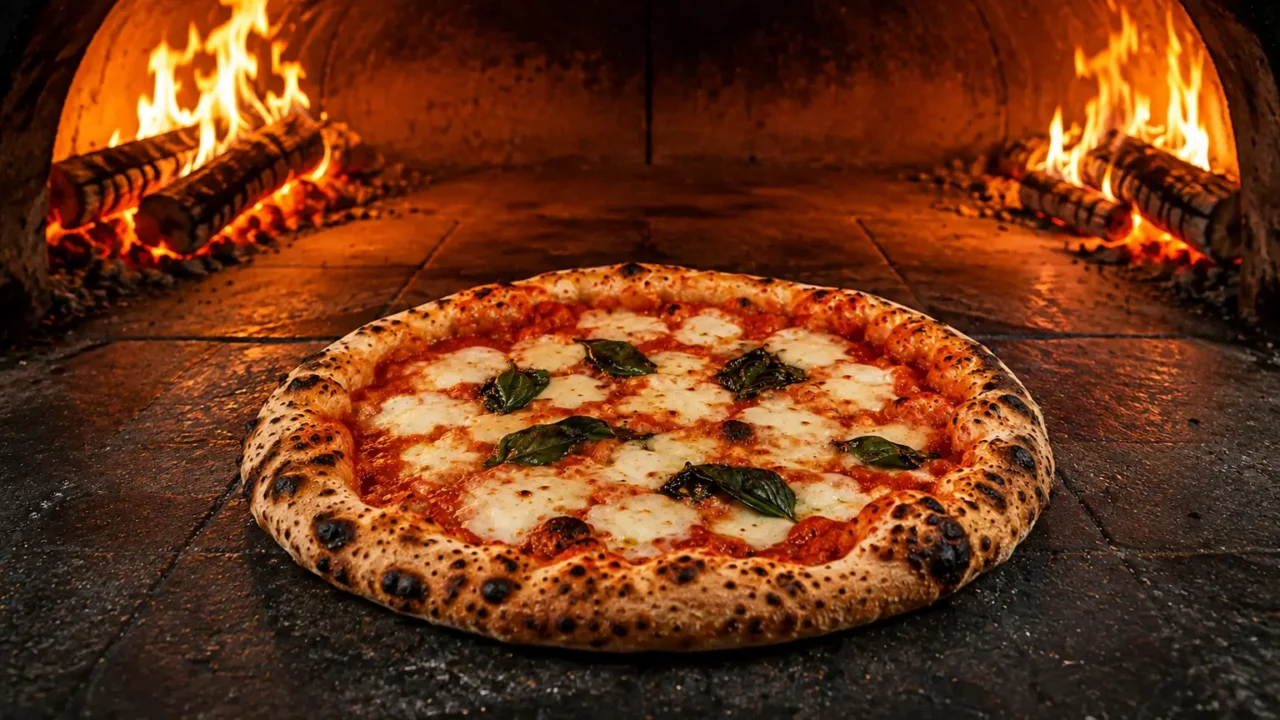 AI-generated wood-fired pizza baking inside a traditional oven for a guide to pizza places in Noida