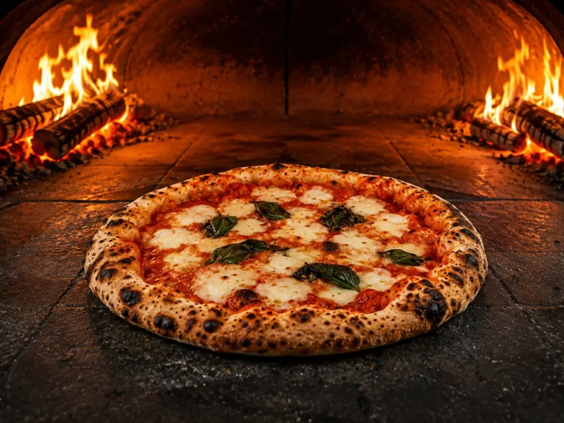 AI-generated wood-fired pizza baking inside a traditional oven for a guide to pizza places in Noida