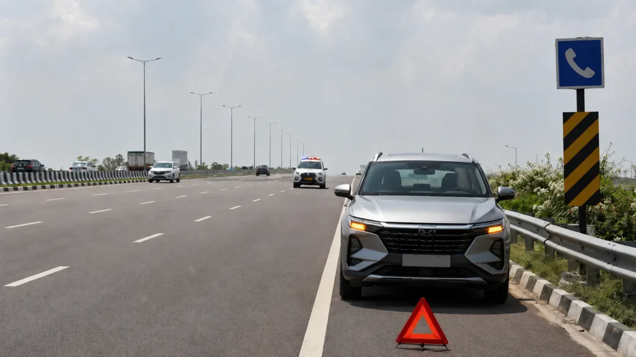 Representative image of a car stopped safely on an expressway shoulder with a warning triangle and an emergency response vehicle approaching.