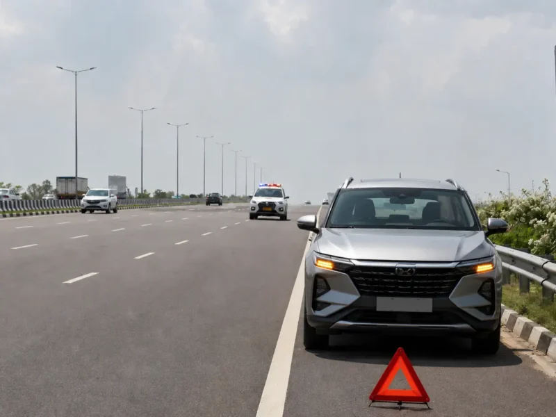 Representative image of a car stopped safely on an expressway shoulder with a warning triangle and an emergency response vehicle approaching.