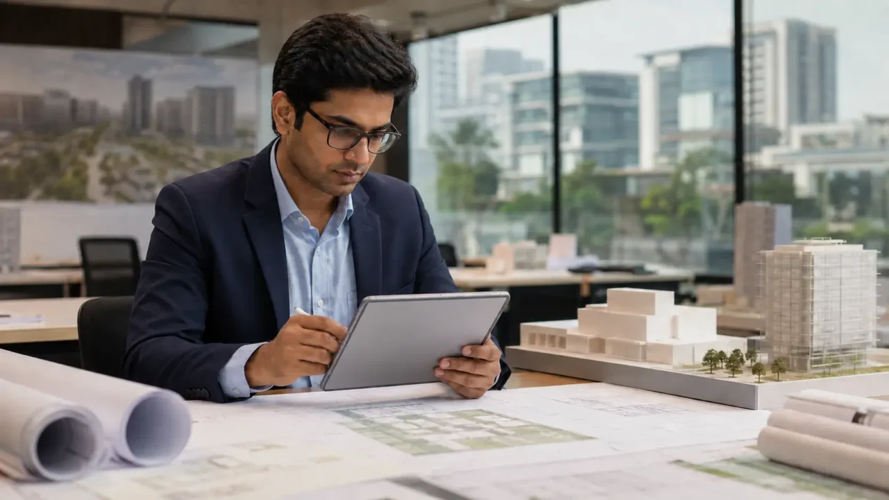Representative image of an architect reviewing plans and a building model for a modern institutional office project