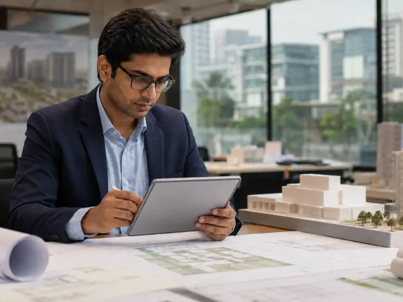 Representative image of an architect reviewing plans and a building model for a modern institutional office project