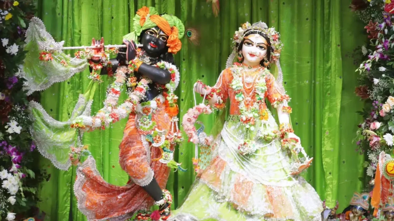 Radha and Krishna deities decorated for Janmashtami at ISKCON Noida in Sector 33