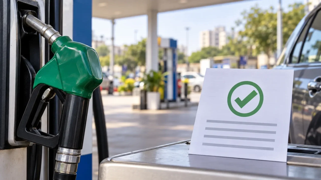 Illustration of a fuel nozzle and PUCC validity reminder for Noida motorists