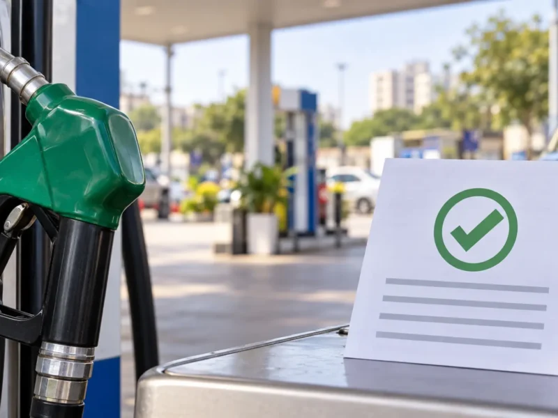 Illustration of a fuel nozzle and PUCC validity reminder for Noida motorists