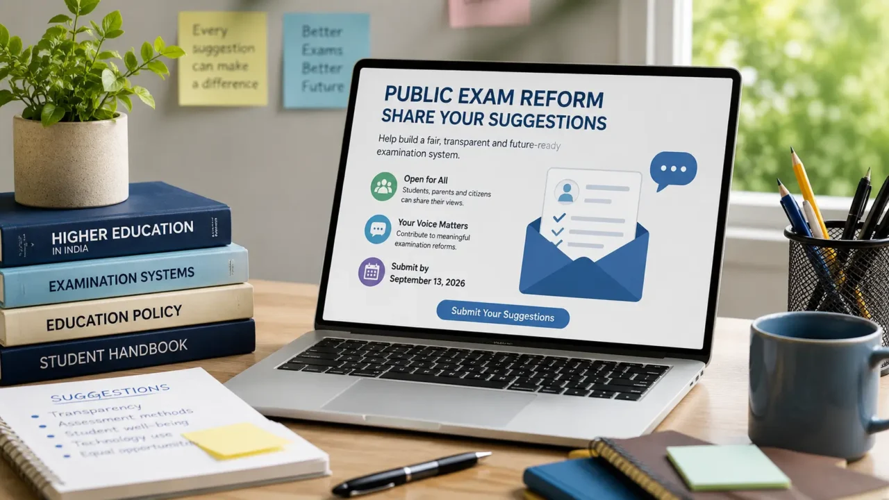 Laptop showing a representative public-exam reform consultation interface with books and study materials