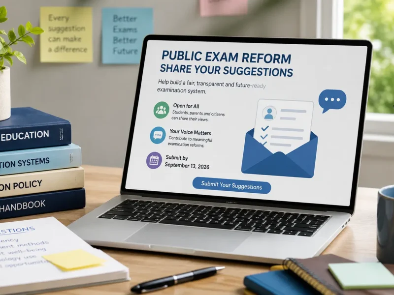 Laptop showing a representative public-exam reform consultation interface with books and study materials