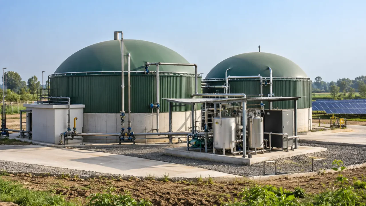 AI-generated illustration of bioenergy digesters and processing equipment