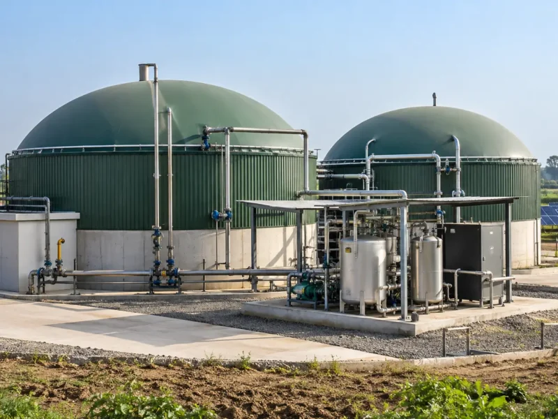 AI-generated illustration of bioenergy digesters and processing equipment