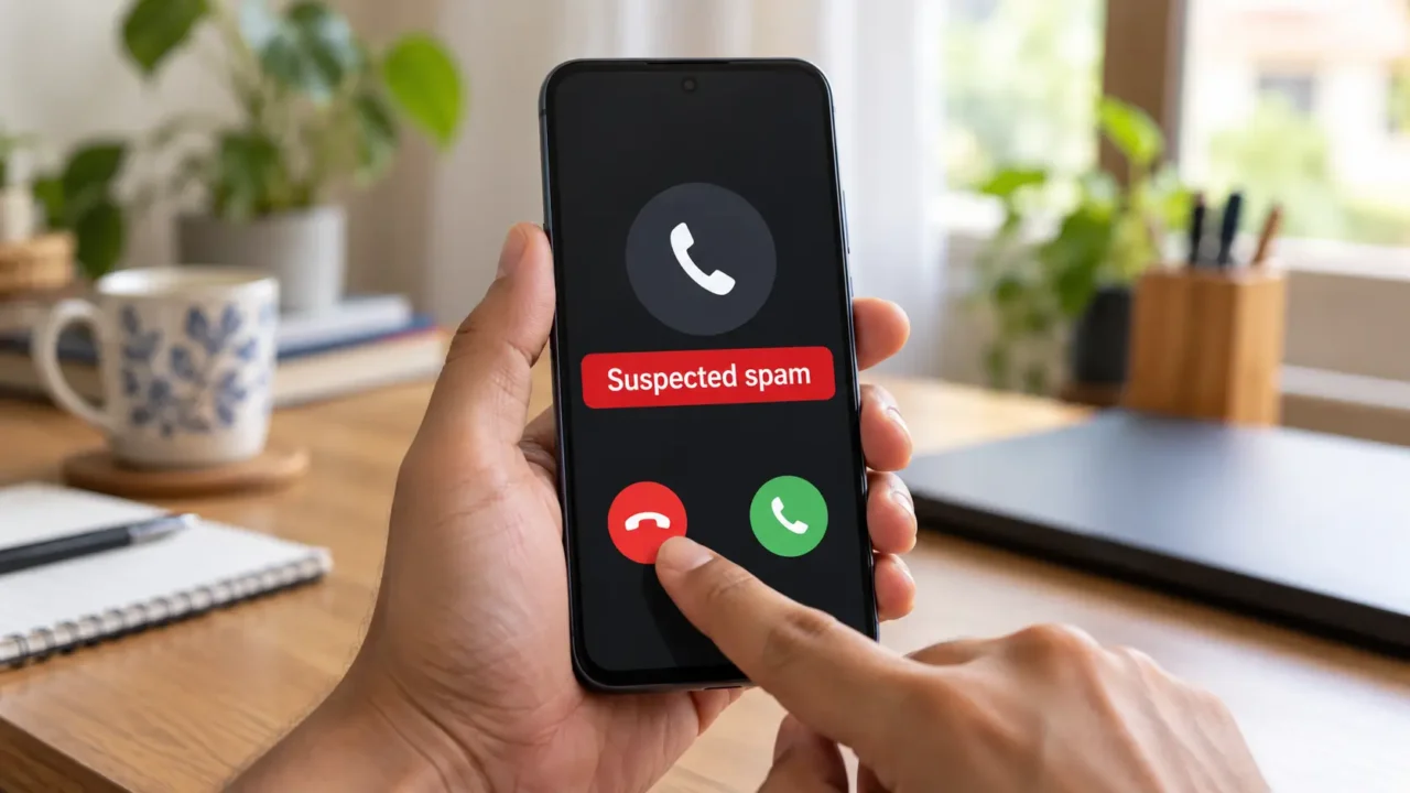 Person declining a call labelled “Suspected spam” on a smartphone.