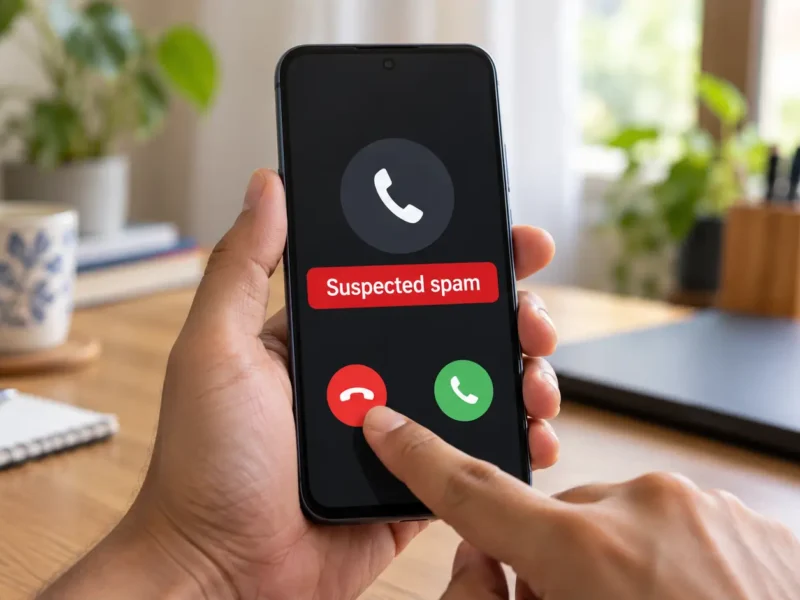 Person declining a call labelled “Suspected spam” on a smartphone.