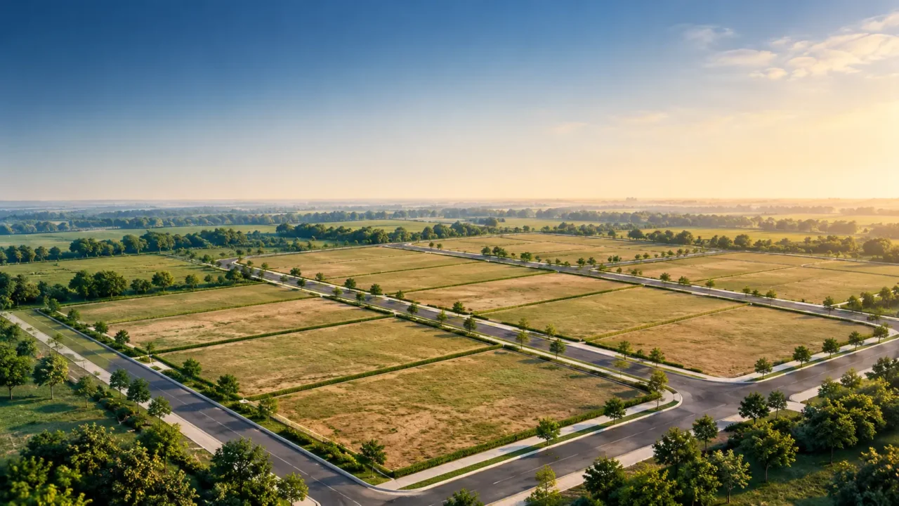 AI-generated aerial-style illustration of vacant land parcels for a YEIDA group housing story