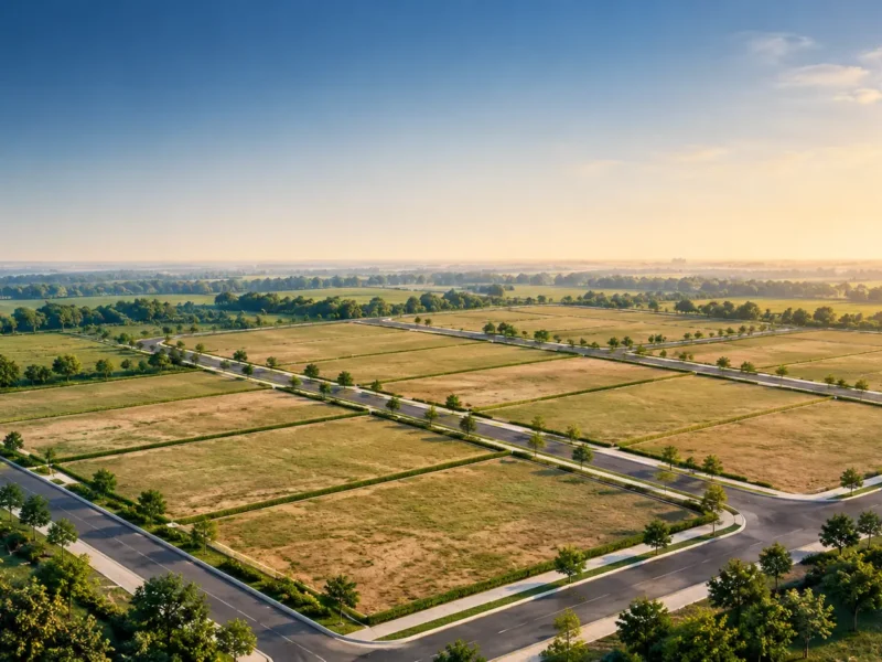 AI-generated aerial-style illustration of vacant land parcels for a YEIDA group housing story