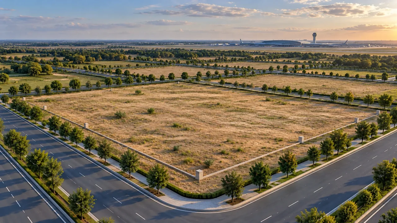 AI illustration of a vacant development plot beside roads near a generic airport