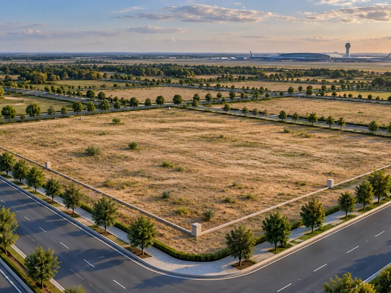 AI illustration of a vacant development plot beside roads near a generic airport