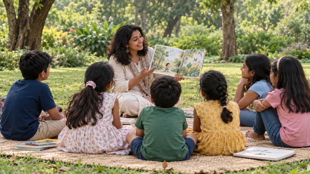 Representative illustration of children listening to an adult reading a book in a leafy garden.