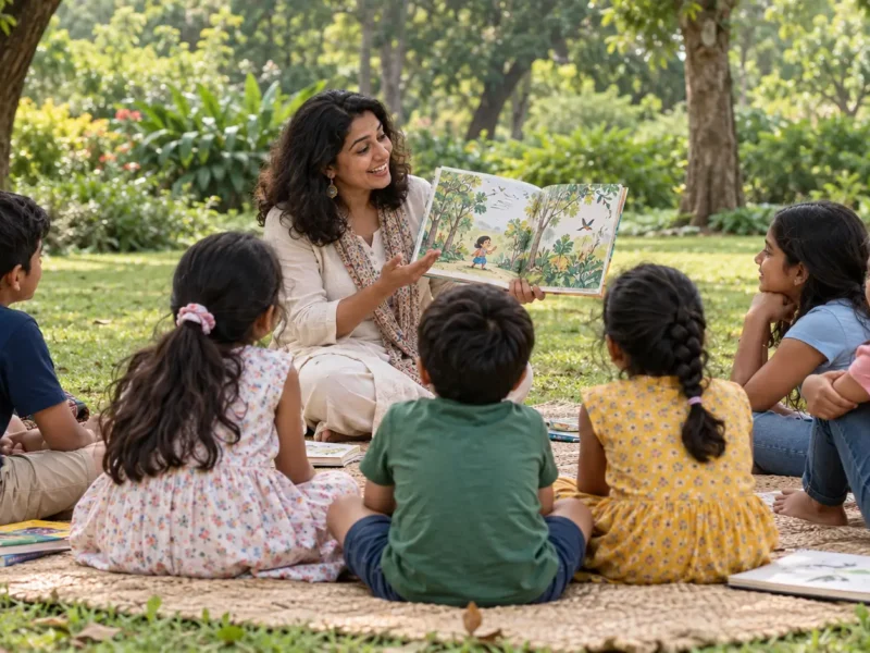 Representative illustration of children listening to an adult reading a book in a leafy garden.