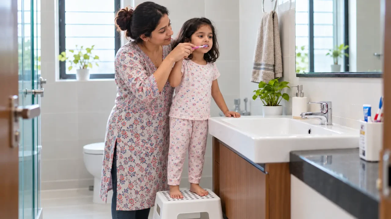 Mother helping her daughter brush her teeth while the child stands on a step stool.