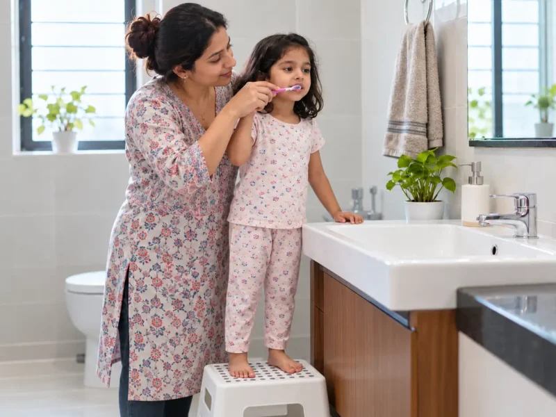 Mother helping her daughter brush her teeth while the child stands on a step stool.