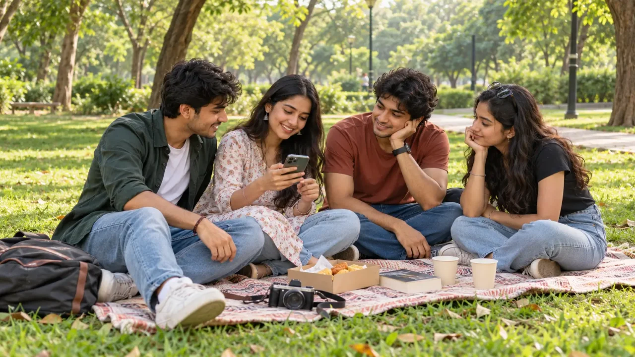 Four young adults sitting on a picnic mat and looking at a smartphone in a leafy park.