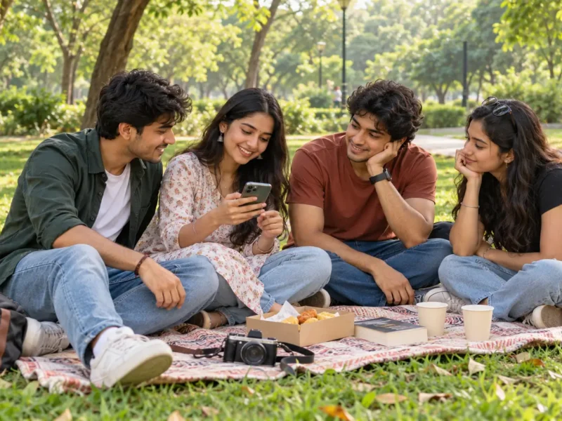 Four young adults sitting on a picnic mat and looking at a smartphone in a leafy park.
