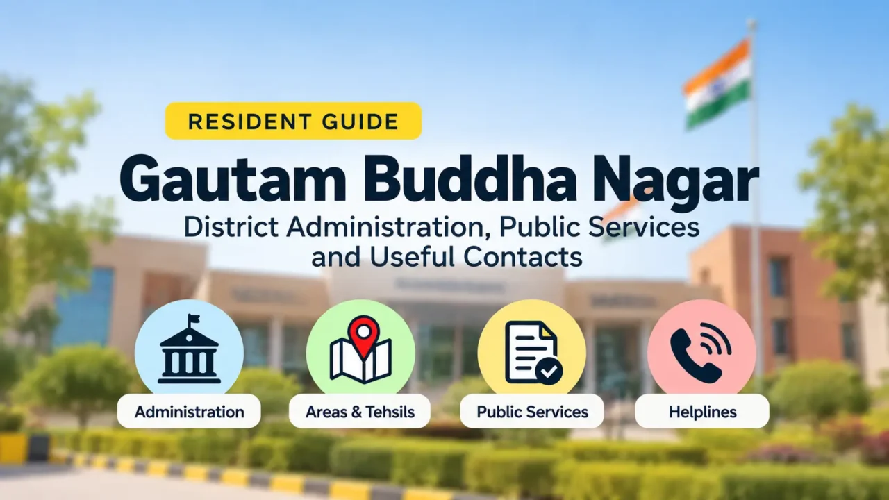 Infographic guide to Gautam Buddha Nagar district administration, public services, tehsils and helplines, with an AI-generated government building background.