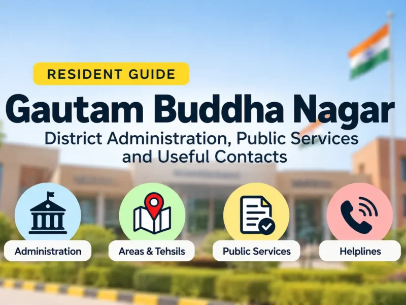 Infographic guide to Gautam Buddha Nagar district administration, public services, tehsils and helplines, with an AI-generated government building background.