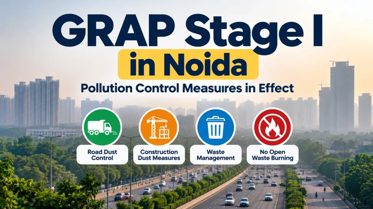 AI-generated illustration showing GRAP Stage I pollution-control measures in Noida, including road dust control, construction dust management, waste disposal and restrictions on open burning.