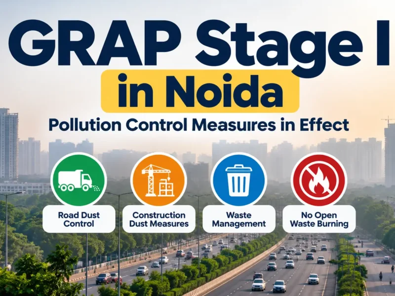 AI-generated illustration showing GRAP Stage I pollution-control measures in Noida, including road dust control, construction dust management, waste disposal and restrictions on open burning.