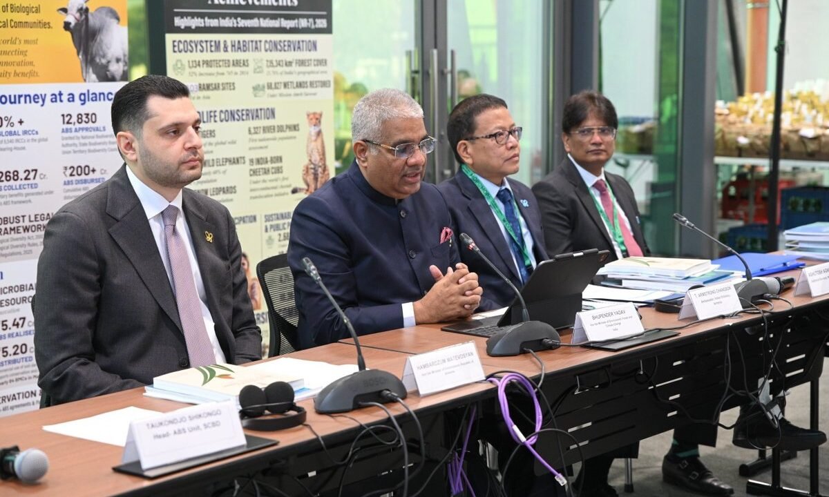 Union Environment Minister Bhupender Yadav speaking alongside delegates at a biodiversity conservation meeting during CBD COP17 in Yerevan, Armenia.