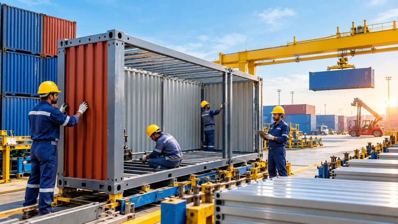 AI-generated illustration of workers assembling shipping containers at an industrial facility, representing India's ₹10,000 crore Container Manufacturing Promotion Scheme.