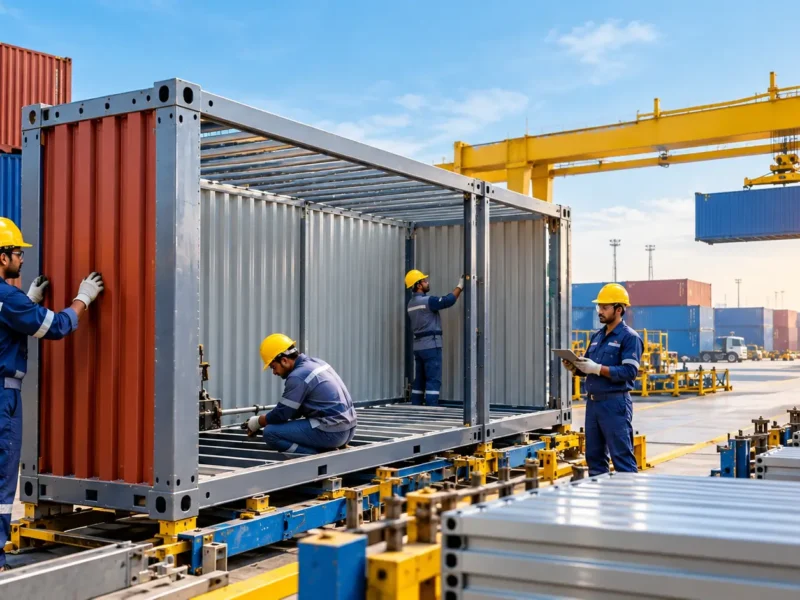 AI-generated illustration of workers assembling shipping containers at an industrial facility, representing India's ₹10,000 crore Container Manufacturing Promotion Scheme.