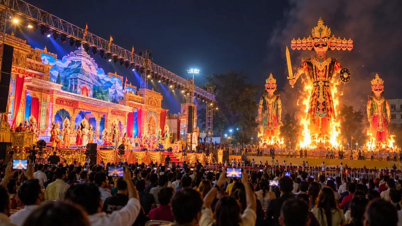 AI-generated illustration of Ravan Dahan and Ramlila celebrations with illuminated effigies and crowds during Dussehra.