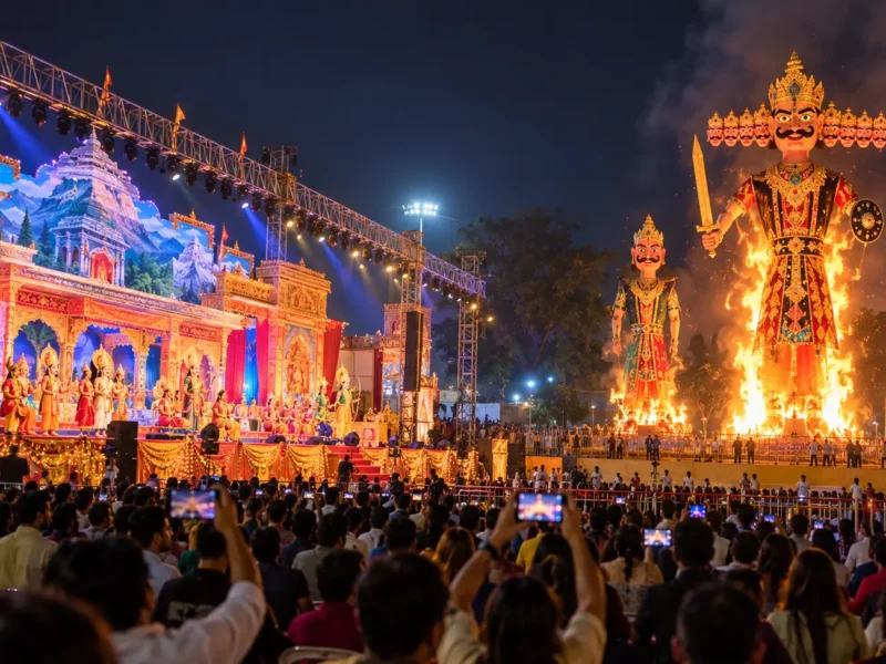 AI-generated illustration of Ravan Dahan and Ramlila celebrations with illuminated effigies and crowds during Dussehra.