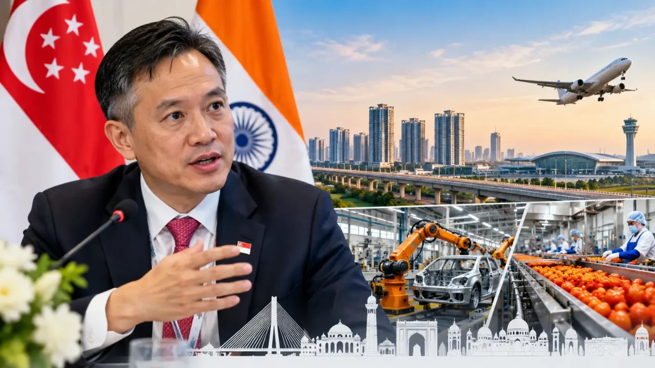 AI-generated illustration depicting Singapore-Uttar Pradesh business collaboration in advanced manufacturing, food processing and airport management.