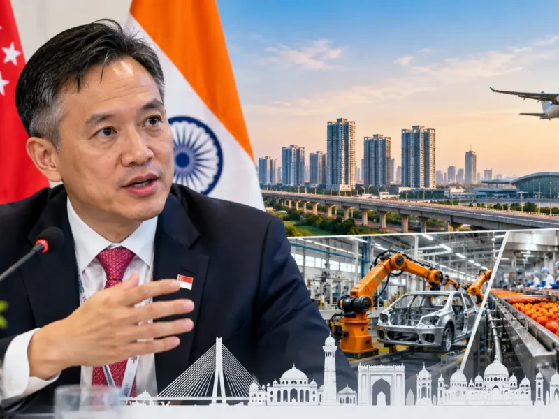 AI-generated illustration depicting Singapore-Uttar Pradesh business collaboration in advanced manufacturing, food processing and airport management.