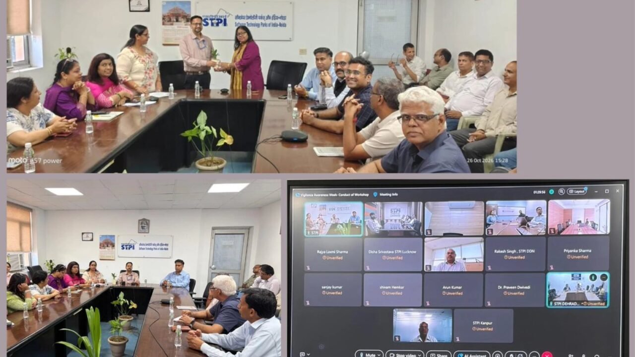 STPI-Noida officials attending a preventive vigilance workshop, with participants joining through video conferencing.