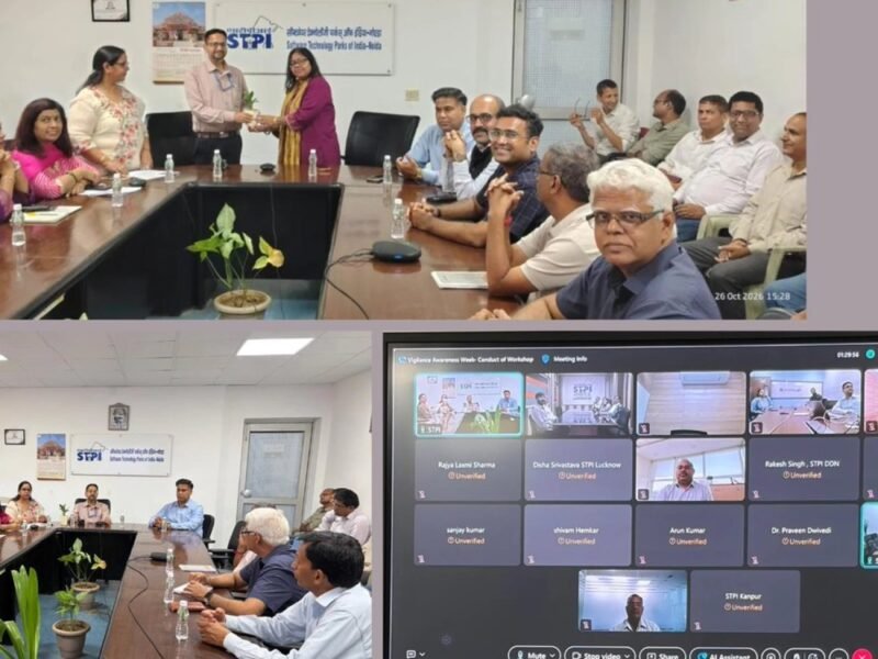 STPI-Noida officials attending a preventive vigilance workshop, with participants joining through video conferencing.