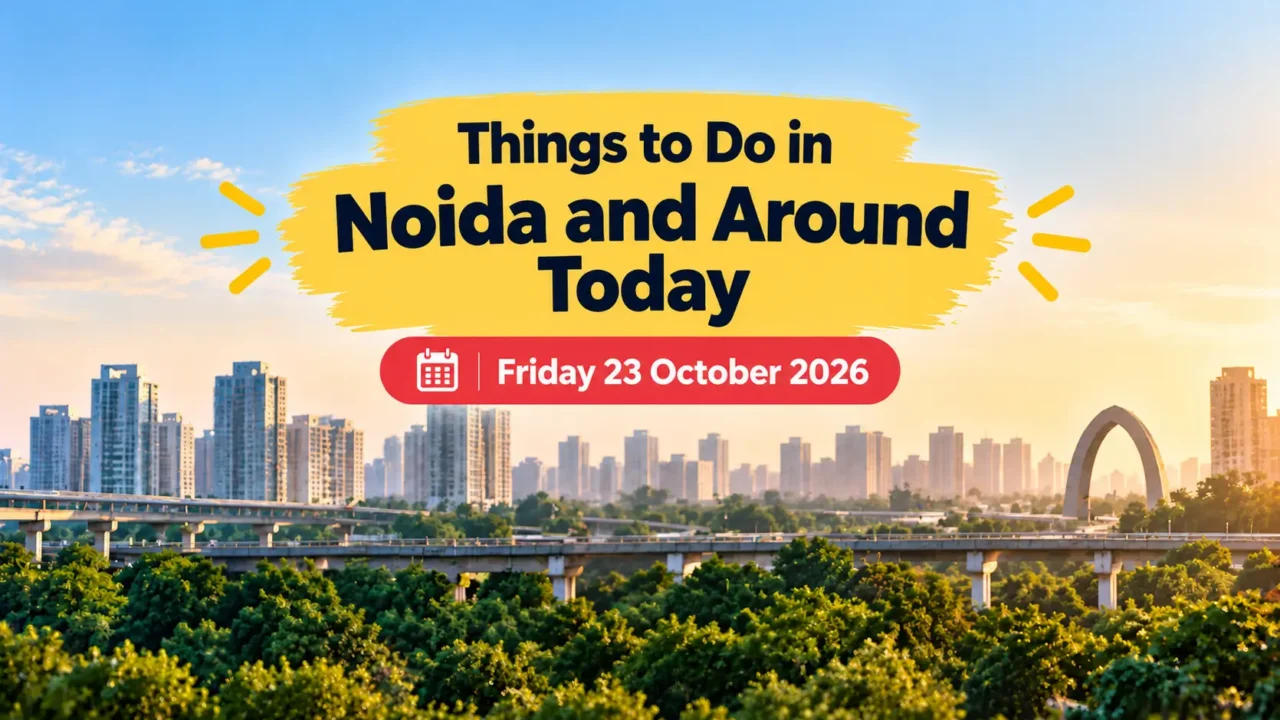 Things to Do in Noida and Around Today, Friday 23 October 2026, illustrated against a city skyline.