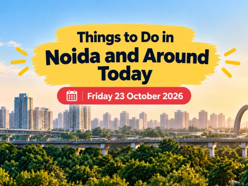 Things to Do in Noida and Around Today, Friday 23 October 2026, illustrated against a city skyline.